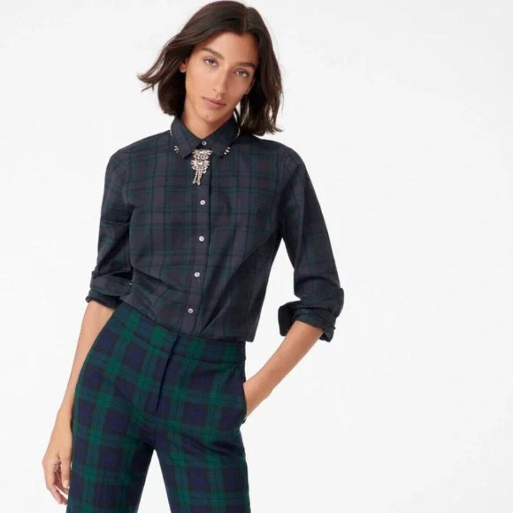 J. Crew Slim Stretch Perfect Shirt In Black Watch Tartan Size 6 EUC - Picture 2 of 14